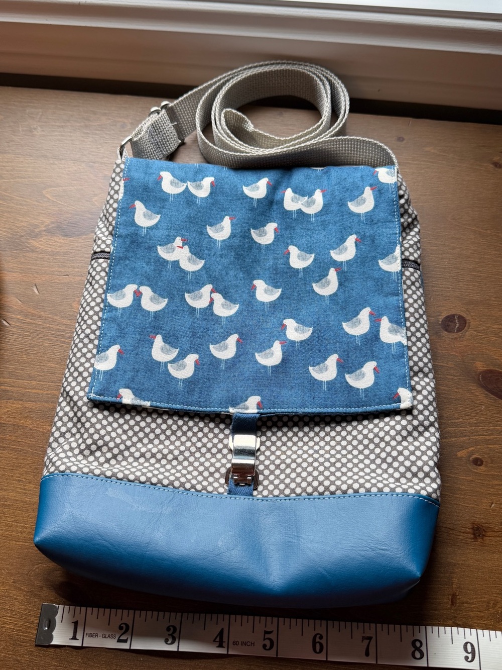 Blue Seagull Print Crossbody Bag with Blue Faux Leather bottom - Picture 2 of 7